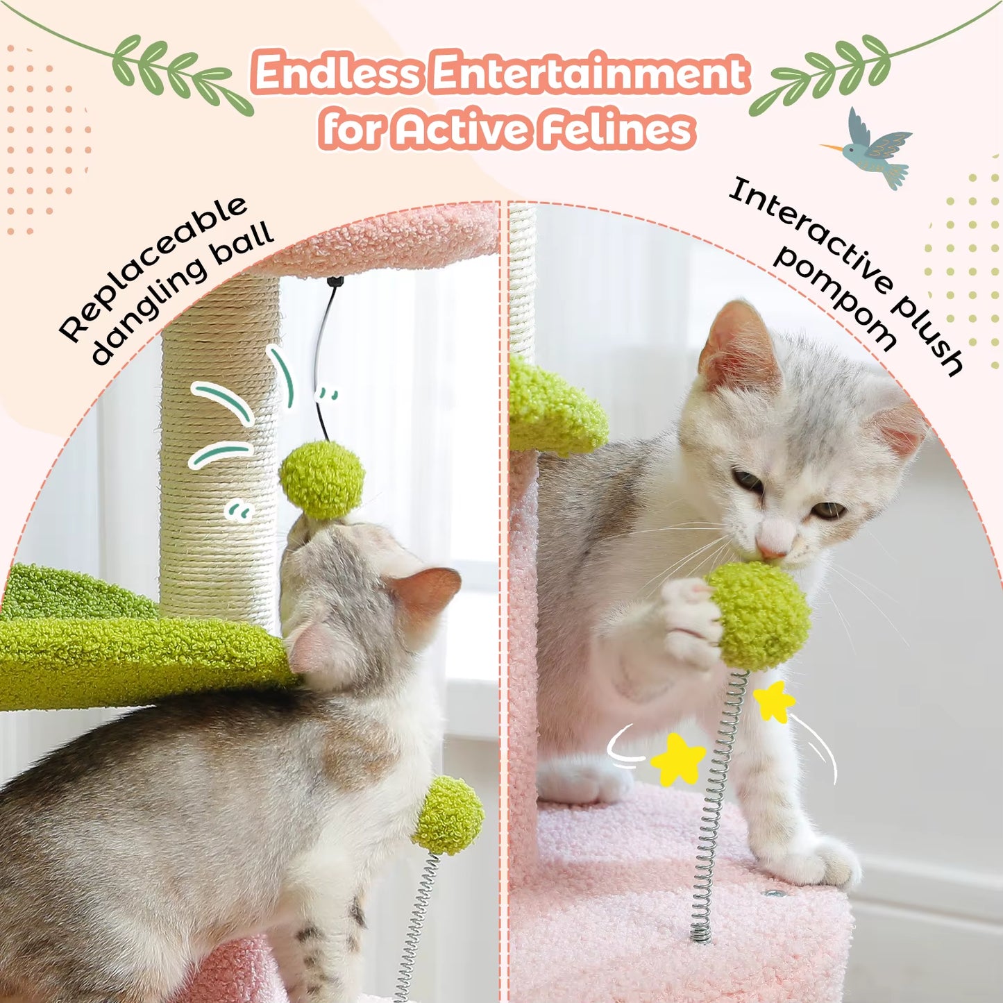 Cactus Cat Tree with Curved Perch Cozy Cat Condo Small Cat Tower with Removable Top Bed Cat Scratching Post for Indoor Cat Toys